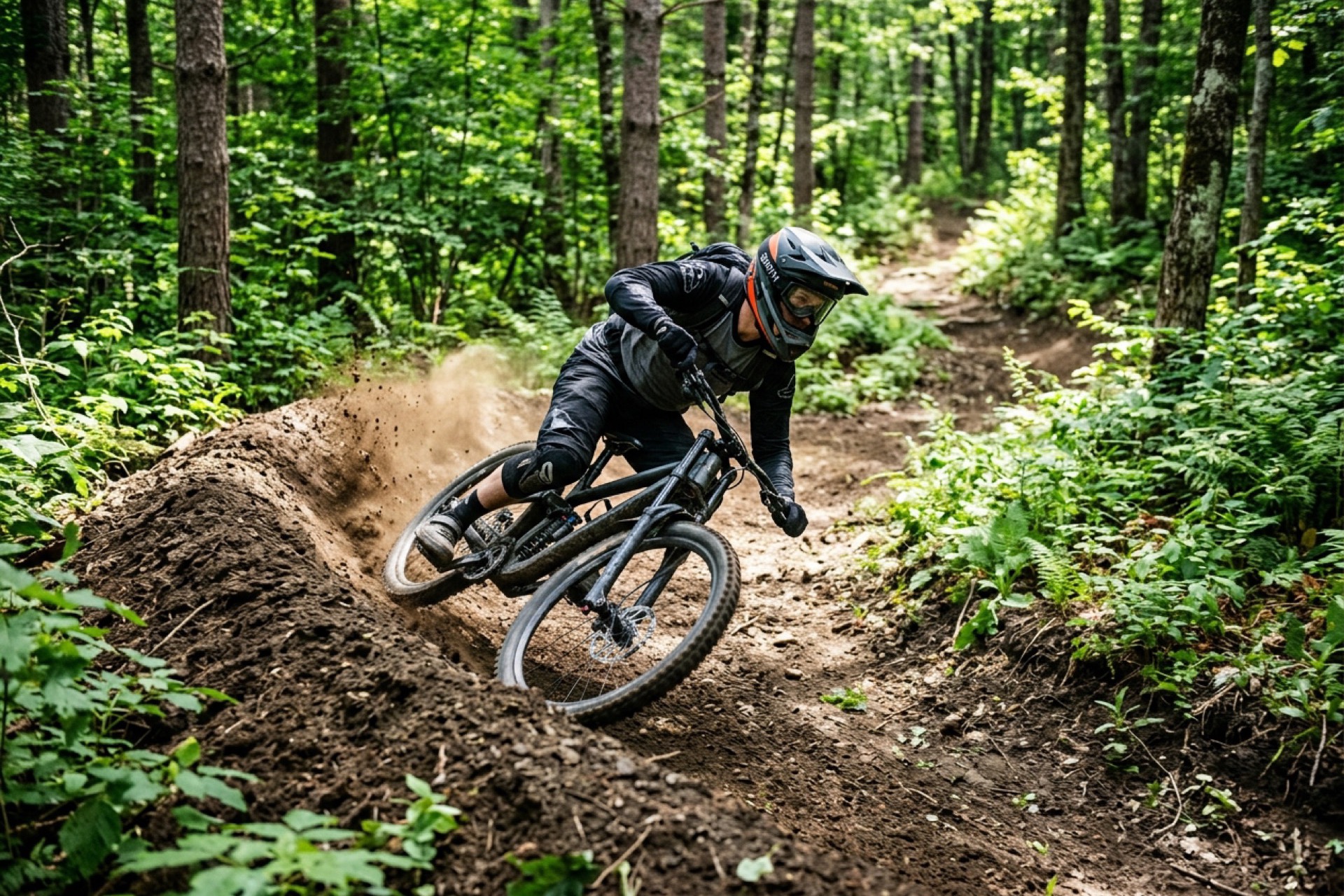 Mountain biker carving a trail at a lift-served bike park