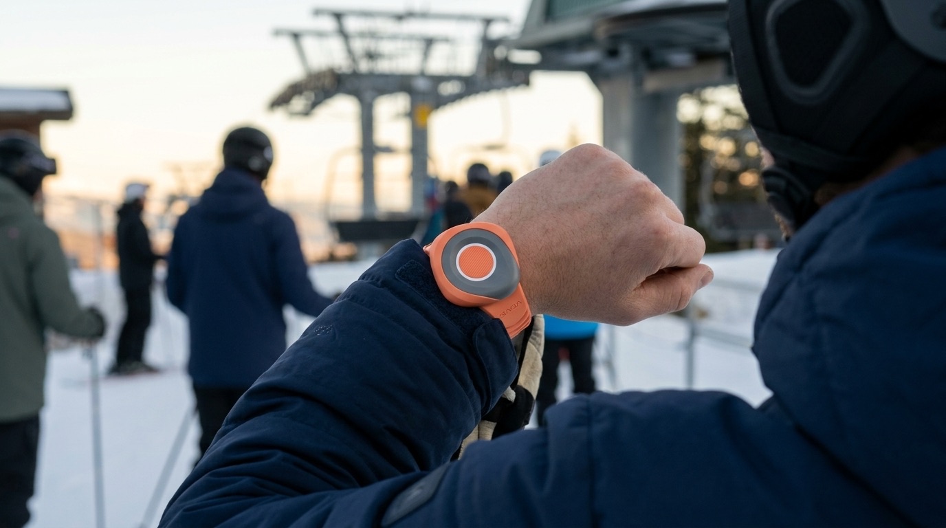A skier in a lift line wearing an orange dot SAGA MyBand tag on the wrist at dusk