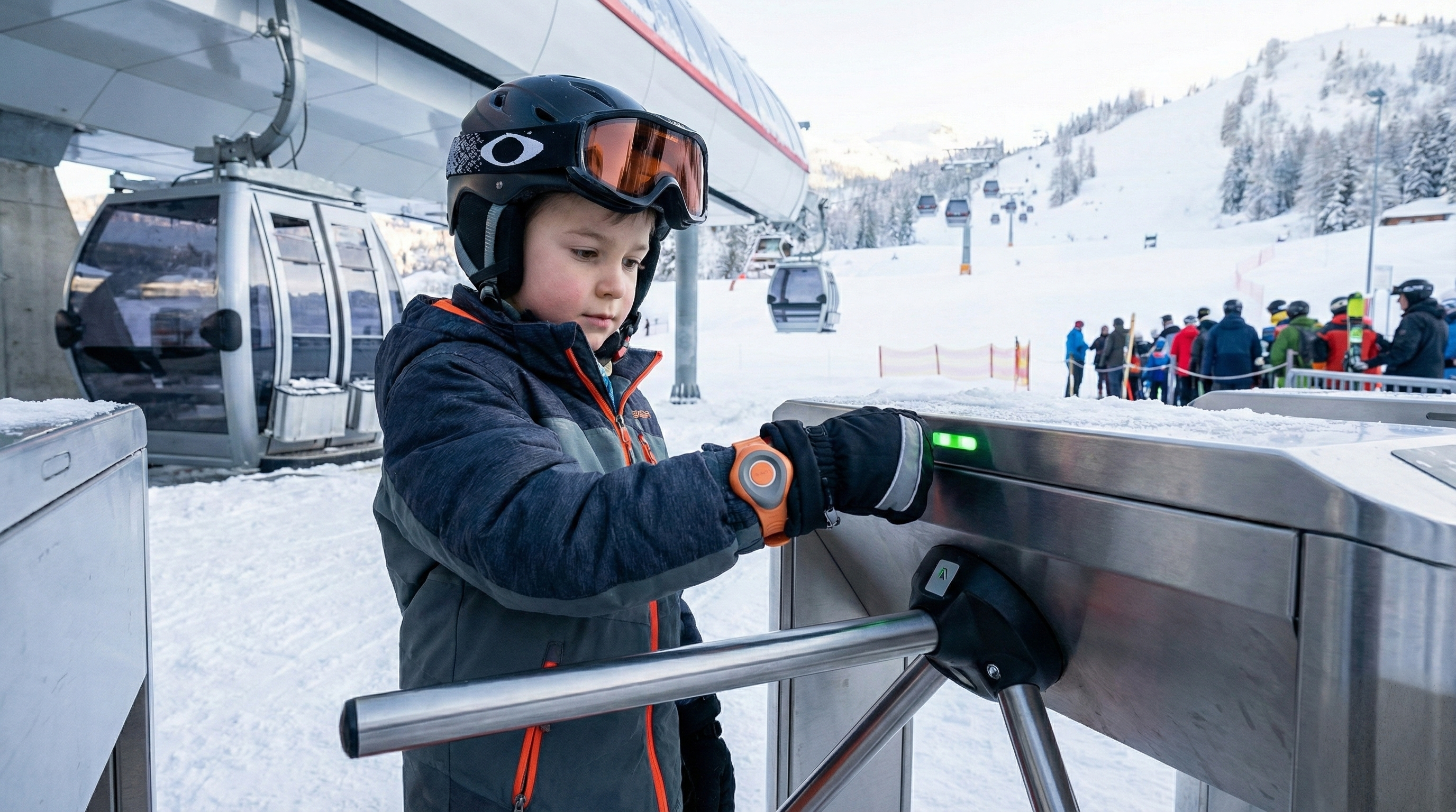 A young skier taps a MyBand tag at the lift gate