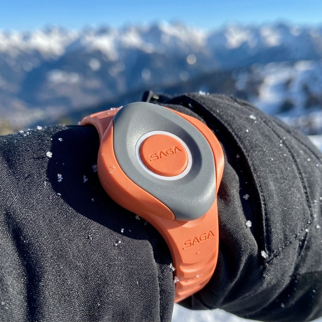 Close view of the orange dot SAGA MyBand tag on a snow-dusted jacket sleeve, alpine ridge behind